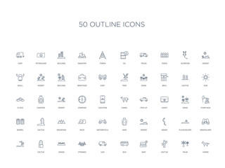 50 outline concept icons such as horse, palm, cactus, map, bus, car, pyramid,grass, cactus,  , binoculars, placeholder, snake