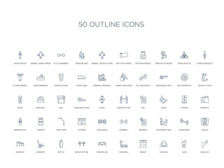 50 outline concept icons such as muscles, juice, gym bag, weight, treadmill, trampoline, weightlifting,bottle, workout, workout, scales, resistance, stationary bike