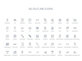 50 outline concept icons such as bench press weightlifting, exercising with gymnastic ball, skipping rope, lifting dumbbells, simulator for press, pushups exercises, stretching leg exercise,stick