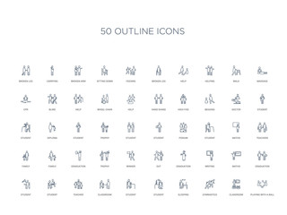 50 outline concept icons such as playing with a ball, classroom, gymnastics, sleeping, student, student, classroom,teacher, student, graduation, maths, writing