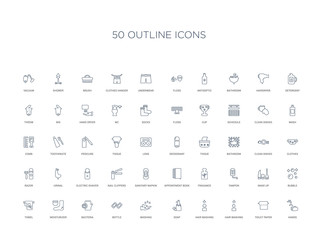 50 outline concept icons such as hands, toilet paper, hair washing, hair washing, soap, washing, bottle,bacteria, moisturizer, towel, bubble, make up, tampon