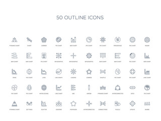 50 outline concept icons such as numbe, update, puzzle, connections, interconnected, pentagon, diagram,scatter, settings, pyramid chart, pie chart, dots, interconnected