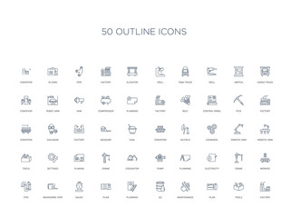 50 outline concept icons such as factory, tools, plan, maintenance, oil, planning, plan,gauge, measuring tape, pipe, worker, crane, electricity