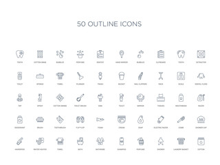 50 outline concept icons such as cotton, laundry basket, shower, perfume, shampoo, bathrobe, bath,towel, water heater, hairdryer, shower cap, comb, electric razor