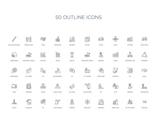 50 outline concept icons such as machine, oil platform, pump jack, refinery, molecule, worker, gas station,oil, gasoline, oil rig, extraction, worker, pipe