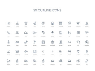 50 outline concept icons such as bolt, disaster, transport, car, transport, fire, house,ambulance, house, broken, real estate, shield, family