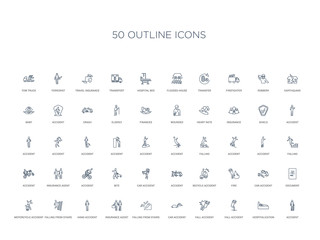 50 outline concept icons such as accident, hospitalization, fall accident, fall accident, car falling from stairs, insurance agent,hand falling from stairs, motorcycle document, car fire