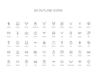 50 outline concept icons such as bracelet, diamond, pearl necklace, earrings, watch, necklace, tiara,ring, earrings, necklace, crown, ring
