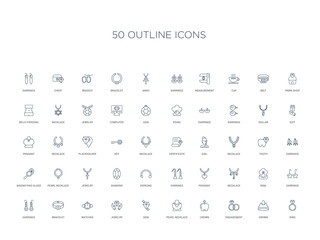 50 outline concept icons such as ring, crown, engagement, crown, pearl necklace, gem, jewelry,watches, bracelet, earrings, earrings, ring, necklace
