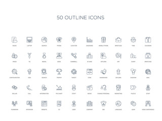 50 outline concept icons such as video conference, gear, language, bin, company, user, cv,website, interview, teamwork, staff, puzzle, marketing