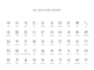 50 outline concept icons such as idea, presentation, deal, skills, work team, promotion, candidate,employee, pension, handshake, office, strategy, graduate