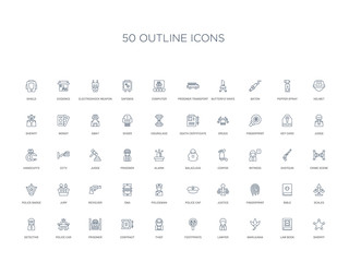 50 outline concept icons such as sheriff, law book, marijuana, lawyer, footprints, thief, contract,prisoner, police car, detective, scales, bible, fingerprint