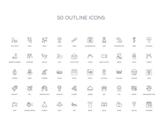 50 outline concept icons such as calendar, ballon, rings, bible, dress, car, cake,church, cinema camera, dove, engagement ring, marry, gift