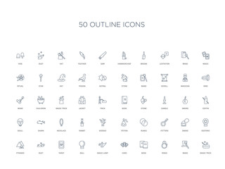 50 outline concept icons such as magic trick, wand, rings, book, card, magic lamp, ball,tarot, dust, pyramid, esoteric, smoke, fetters