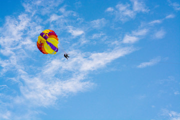 Parachutist against the background of downtown, Antalya stock photo