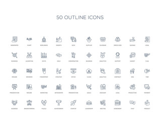 50 outline concept icons such as product, chat, agreement, meeting, leadership, startup, achievement,puzzle, brainstorming, business, payment, production, legal