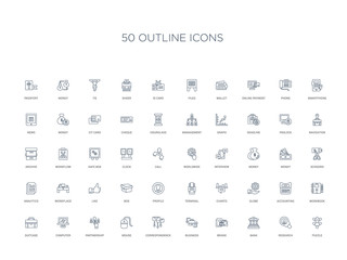 50 outline concept icons such as puzzle, research, bank, brand, business, correspondence, mouse,partnership, computer, suitcase, workbook, accounting, globe