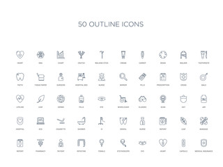 50 outline concept icons such as medical insurance, capsule, heart, eye, stethoscope, female, intestine,patient, pharmacy, report, bandage, leaf, report