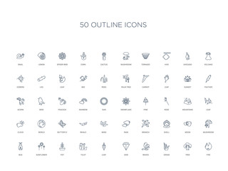 50 outline concept icons such as fire, tree, grass, waves, gem, leaf, tulip,pot, sunflower, bug, mushroom, moon, shell