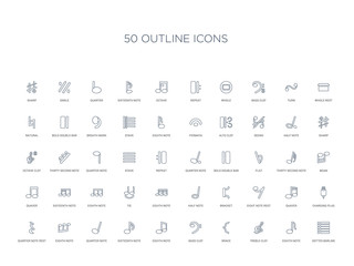 50 outline concept icons such as dotted barline, eighth note, treble clef, brace, bass clef, eighth note, sixteenth note,quarter note, eighth quarter rest, charging plug, quaver, eight rest