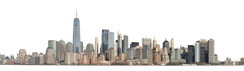 Panoramic view of Lower Manhattan from the Ellis Island - isolated on white. Clipping path included. - obrazy, fototapety, plakaty