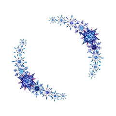 Fototapeta na wymiar Hand painted Christmas watercolor snowflakes template. Decorative Snowflakes wreath isolated on white background. Perfect for card, invitation, logo design, etc.
