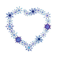 Hand painted Christmas watercolor snowflakes template. Decorative Snowflakes in heart shape isolated on white background. Perfect for card, invitation, logo design, etc.