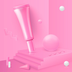 Vector 3d realistic corner wall abstract scene with podium and cosmetics tube, pink and white balls.