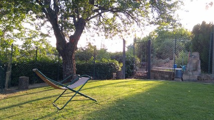 Una sedia sdraio in giardino sotto un albero di susine