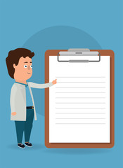Vector illustration. Doctor pointing clipboard.