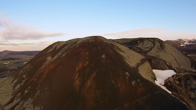 Aerial view of old Grábrók volcano crater in Iceland near Bifröst