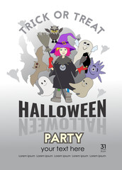 Halloween party invitation.Cartoon illustration with Halloween characters.