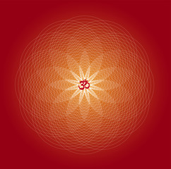 Circle mandala. Red and purple colors. Sign Aum / Om / Ohm in center. Spiritual esoteric symbol. Vector graphics.