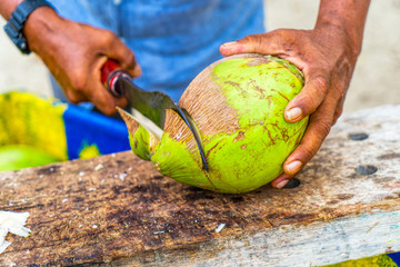 Coconut Seller. Close up of man cutting a coconut with a big Ind