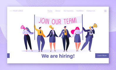 Recruitment concept for website or web page design. Concept of landing page with friendly business people in search of a new employee at the vacant place. People holding hiring banner.  
