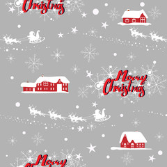 Seamless Christmas pattern with Merry Christmas text, snowflakes, deer, star and house,Vector illustration of winter background, Flat cartoon vector seamless for wall paper or fabric and textile.