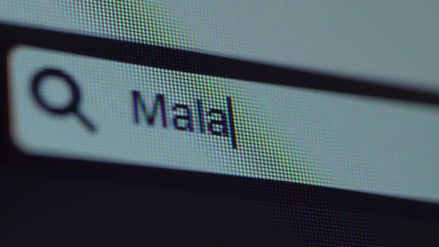 Browser bar with typed Malaysia text on the computer screen. Shot in 4k resolution