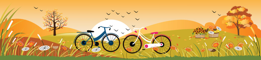 Panoramic of Countryside landscape in autumn,Vector illustration of horizontal banner of autumn landscape mountains,maple trees with leaves falling and lover bicycles,