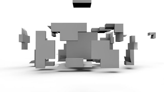3D animation of the cube shattering into fragments and recovering.