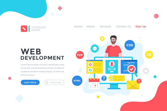 Web development. Programming, coding, mobile app and software development concept. Modern flat design graphic elements for web banner, landing page template, website. Vector illustration