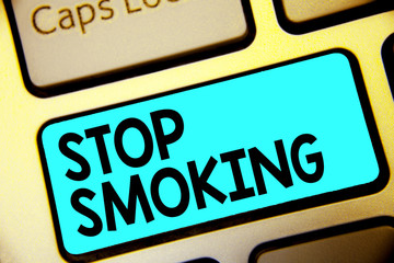 Writing note showing Stop Smoking. Business photo showcasing Discontinuing or stopping the use of tobacco addiction Keyboard blue key Intention computer computing reflection document