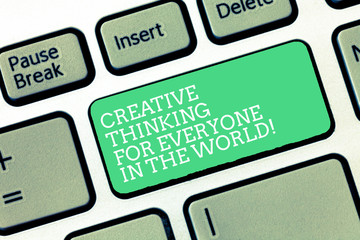 Conceptual hand writing showing Creative Thinking For Everyone In The World. Business photo text Spread creativity to others Keyboard Intention to create computer message keypad idea