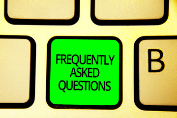 Writing note showing Frequently Asked Questions. Business photo showcasing inquries that been...