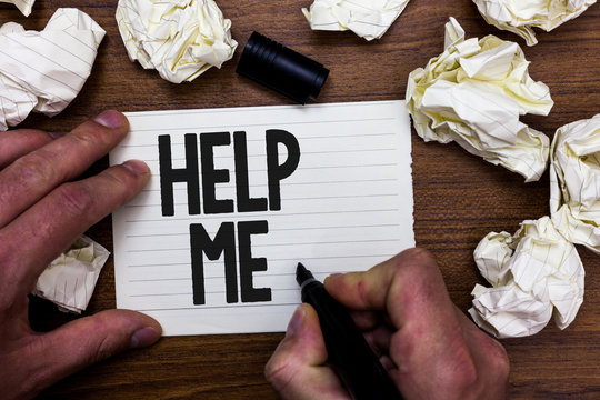 Word writing text Help Me. Business concept for Asking someone to assist you Shouting for it Teamwork Volunteer Man holding marker notebook page crumpled papers several tries mistakes - Powered by Adobe