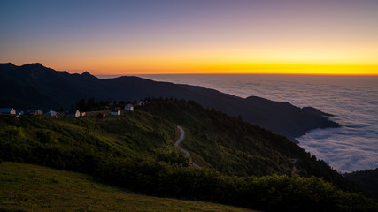 Beautiful view of sunset from Gomismta mountiain. Up in the air.