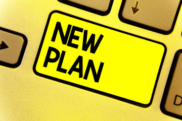 Writing note showing New Plan. Business photo showcasing Start of a detailed proposal of doing or achieving something Keyboard yellow Intention create computer computing reflect document