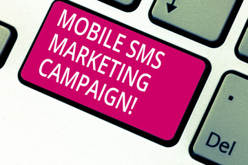 Handwriting text Mobile Sms Marketing Campaign. Concept meaning Advertising communication promotion campaign Keyboard key Intention to create computer message pressing keypad idea