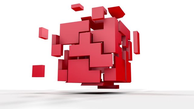 3D animation of a rotating red cube. The cube breaks into fragments and restores.