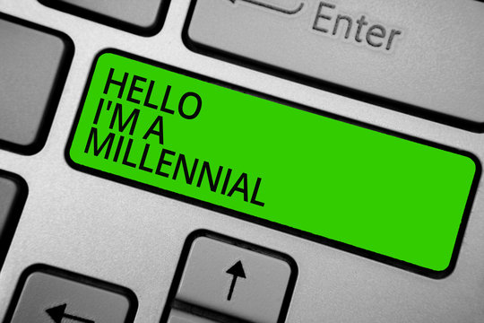 Word writing text Hello I am A Millennial. Business concept for person reaching young adulthood in current century Keyboard green button hit key typing work use computer program software