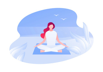 Vector modern flat outdoor meditation character illustration. Young woman meditate sitting in yoga lotus on beach background. Concept of relaxation in nature. Design element for banner, poster, web.
